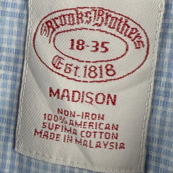 Brooks Brothers Blue Check Cotton Madison 18 35 Non-Iron Shirt Button Up Men - Picture 9 of 10
